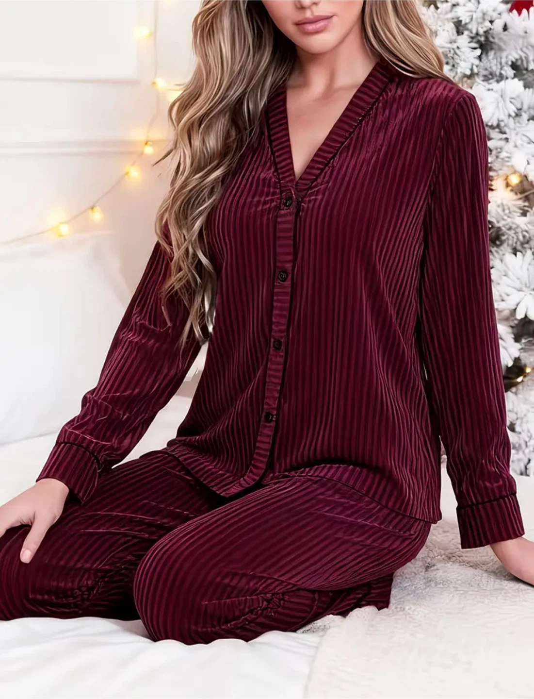 New Women's Velvet Striped Pajama Set - photo 2