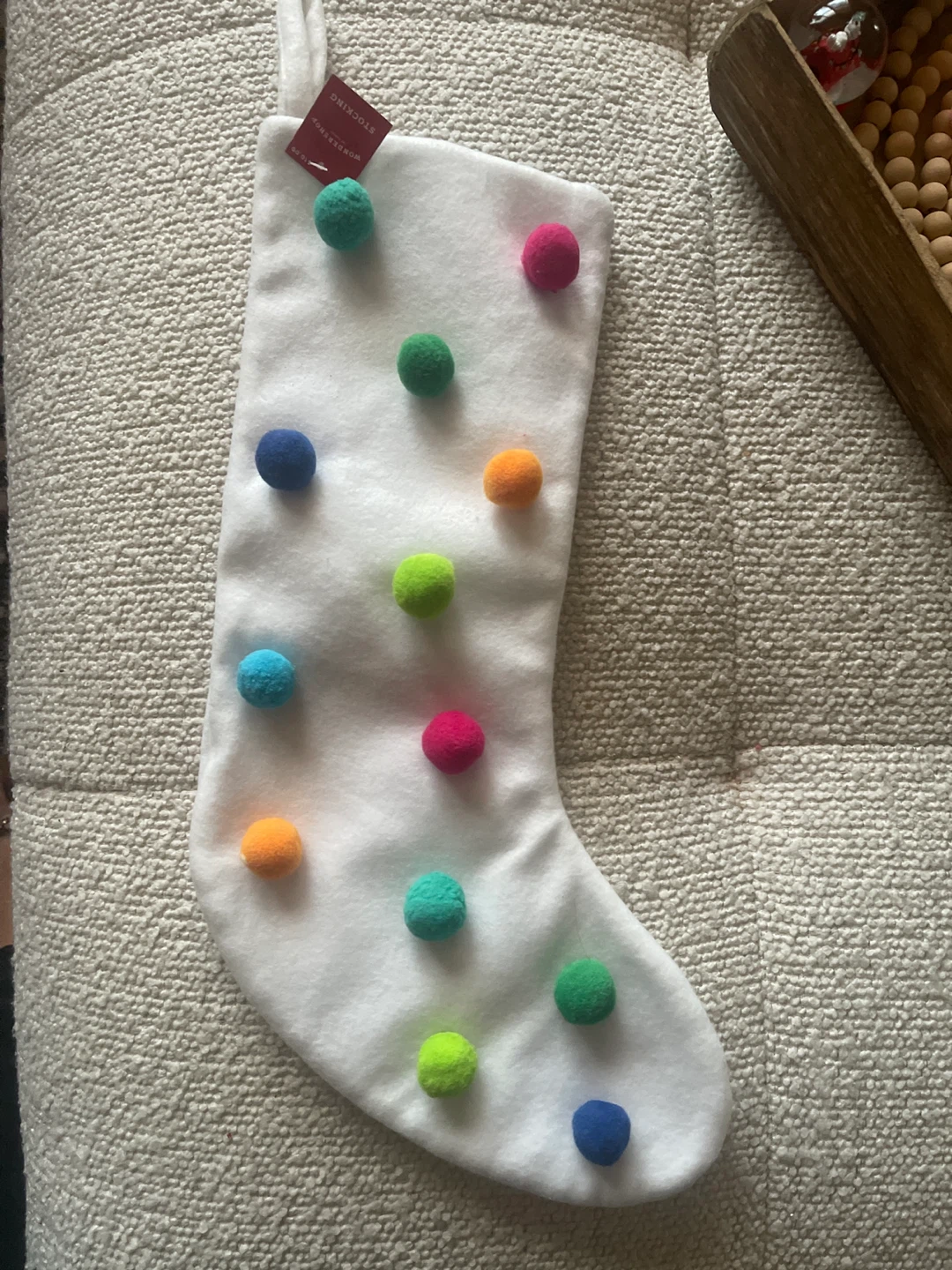 🧡White Christmas Stocking with Colorful Pom Poms