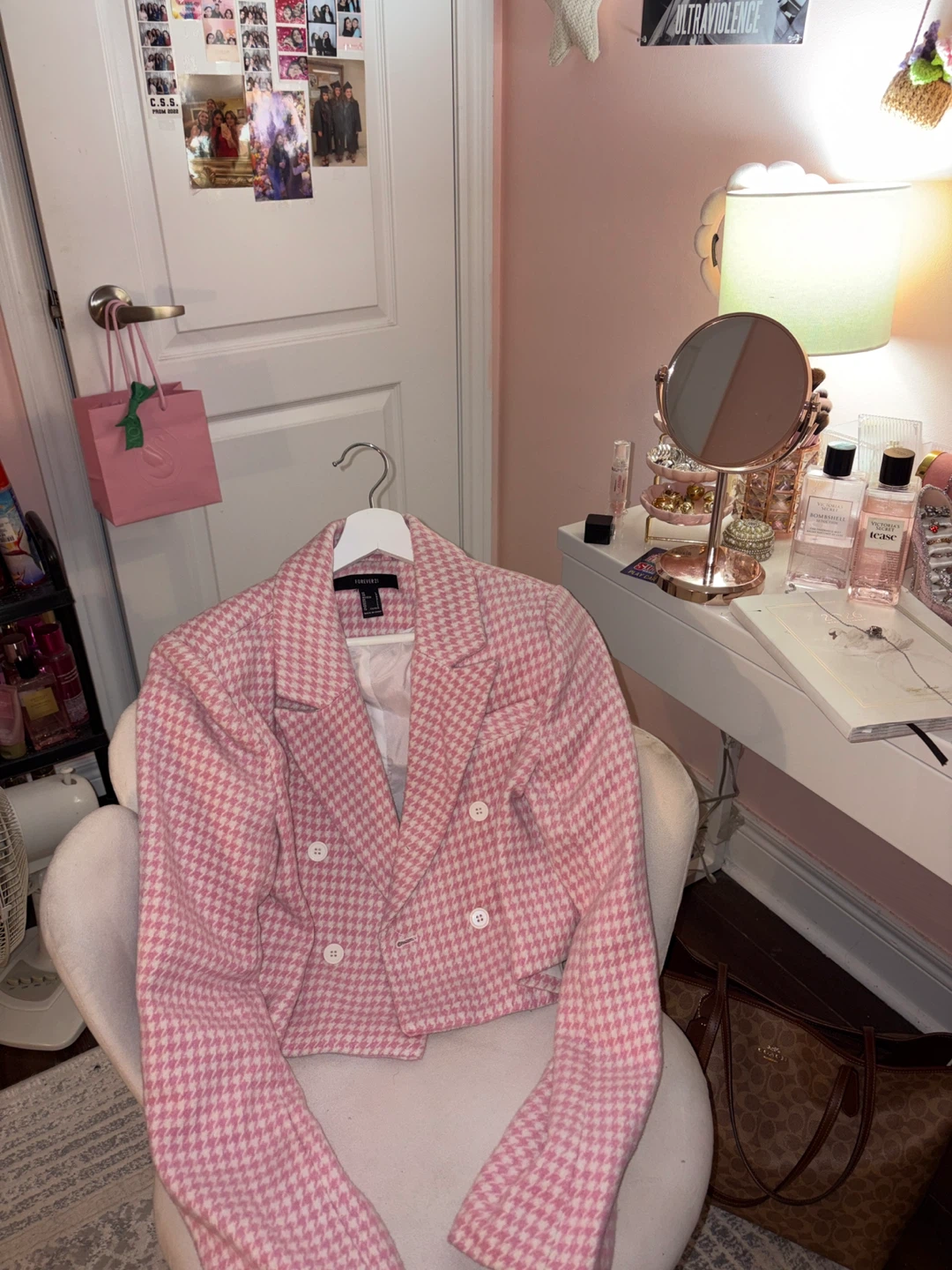 Pink Houndstooth Cropped Blazer