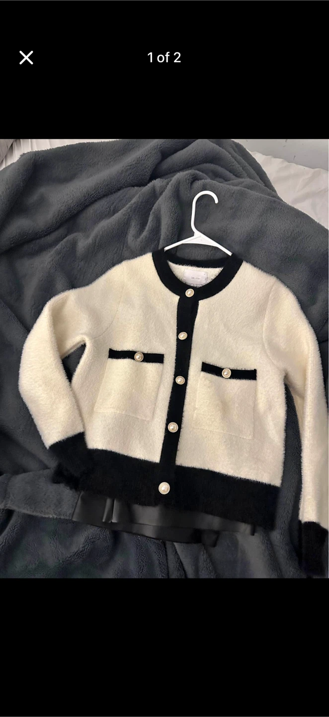 Cream and Black Cardigan with Pearl Buttons