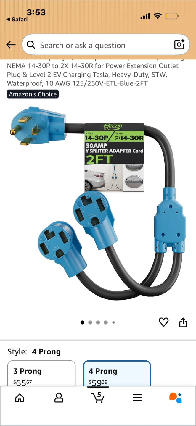 NEMA 14-30P to 2x 14-30R EV Charging Splitter Adapter Cord