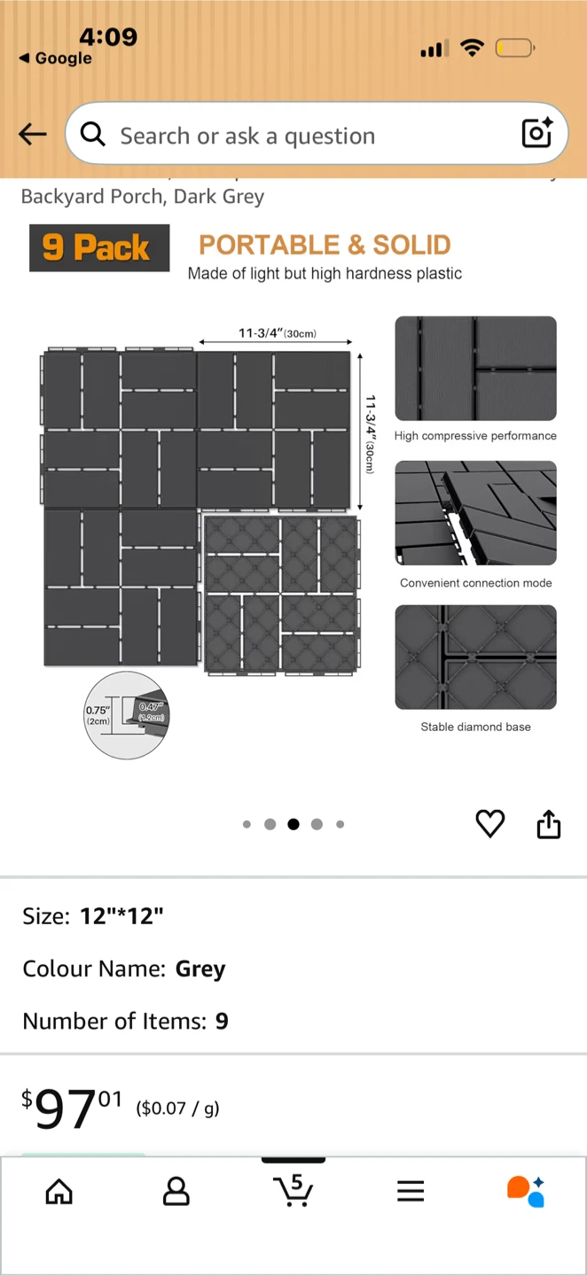 Grey 12"x12" Backyard  / porch (12 Pack)