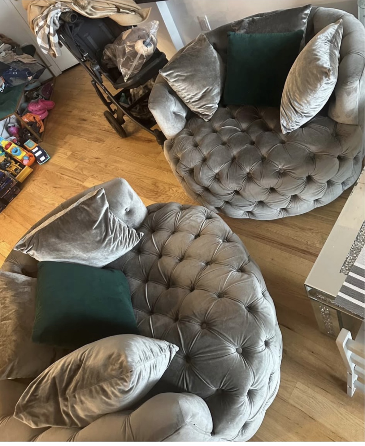 Velvet Accent Chairs with Tufted Ottoman