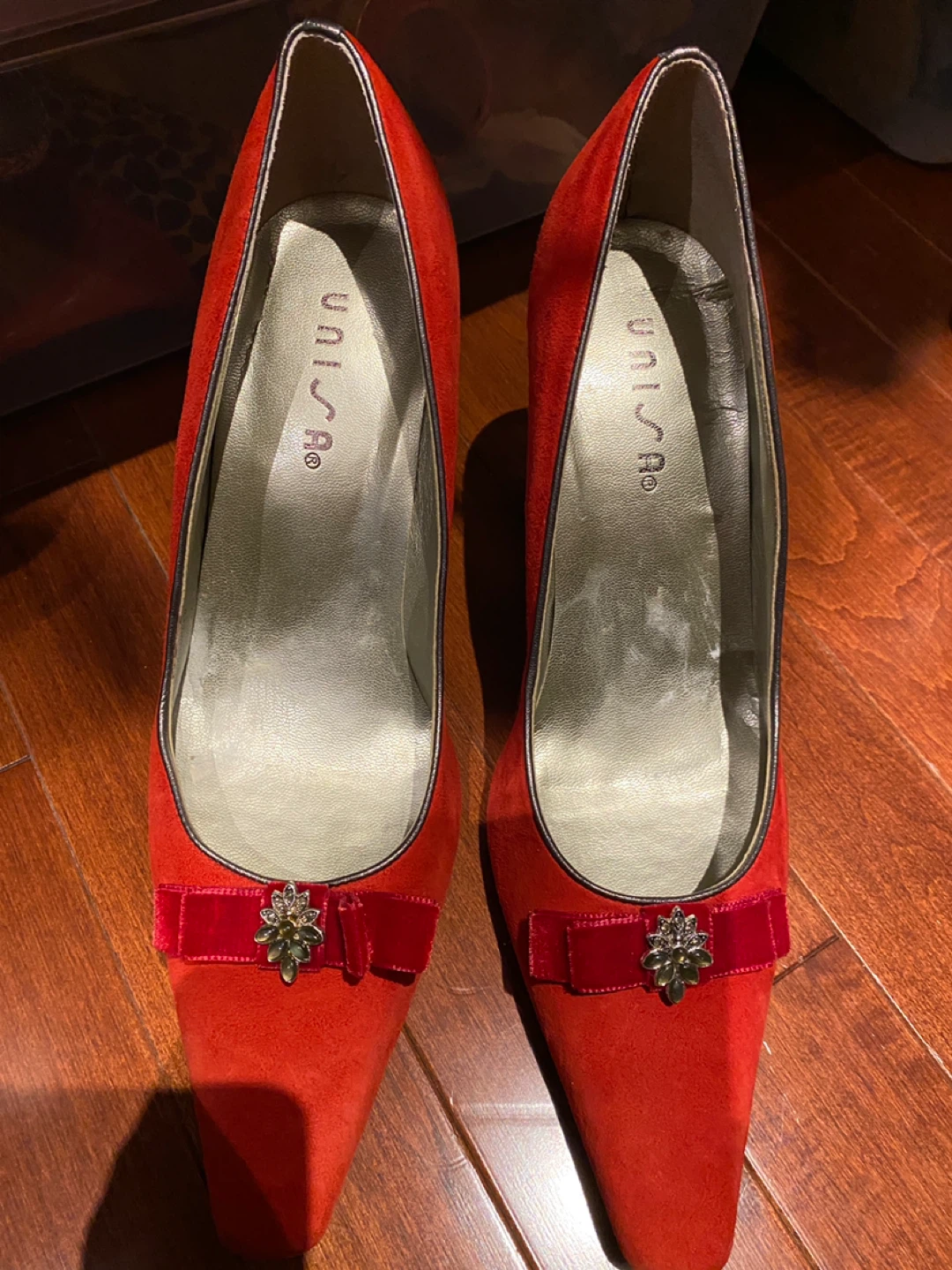 UNISA Red Suede Heeled Pumps with Jewel Detail