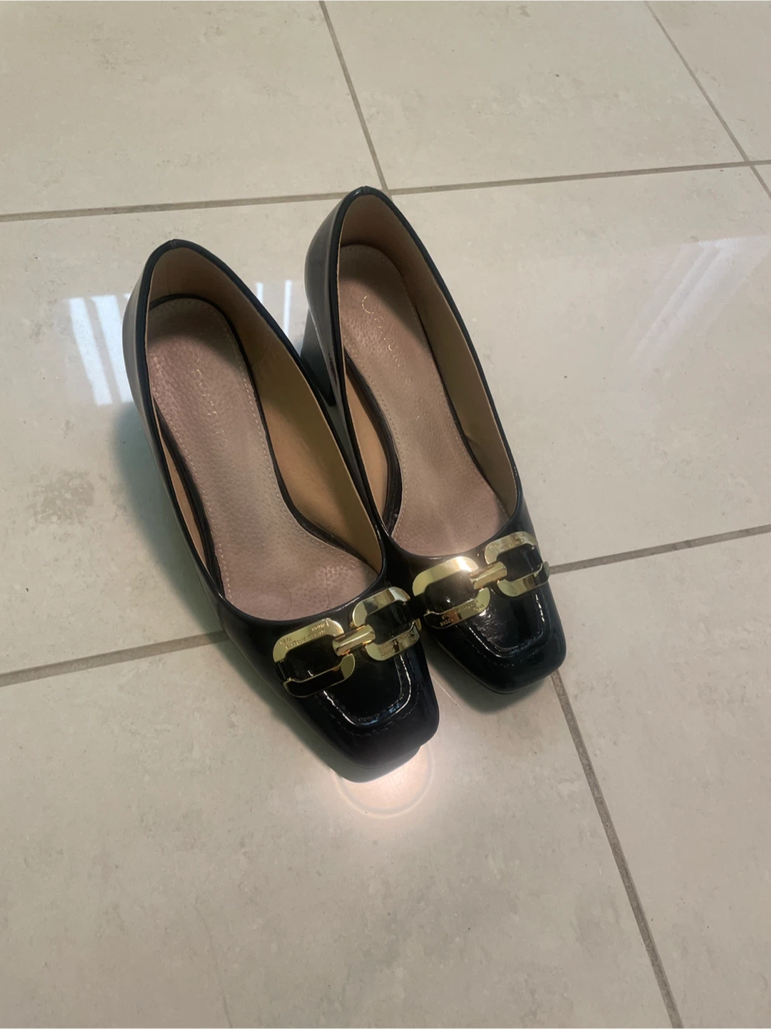 Black Patent Heel Shoes with Gold Buckle - Size 39