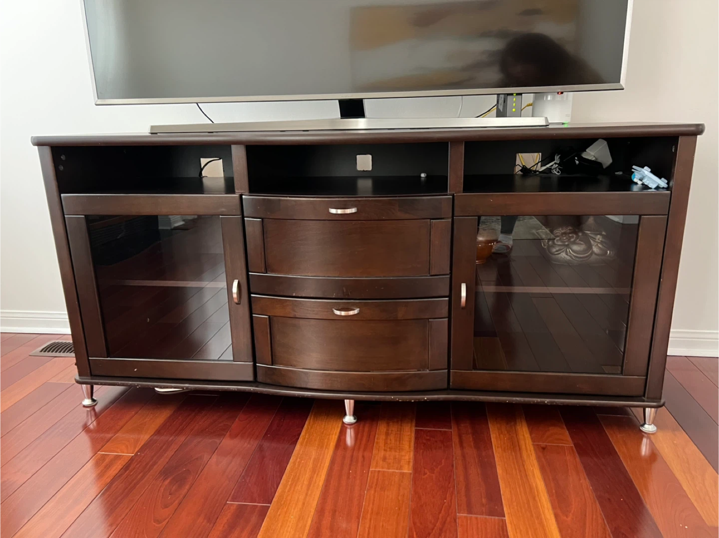 Dark Wood Entertainment Unit with Glass Doors