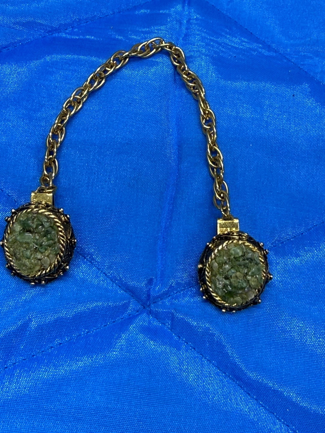 Vintage Gold Tone Chain Sweater Clip with Green Stones