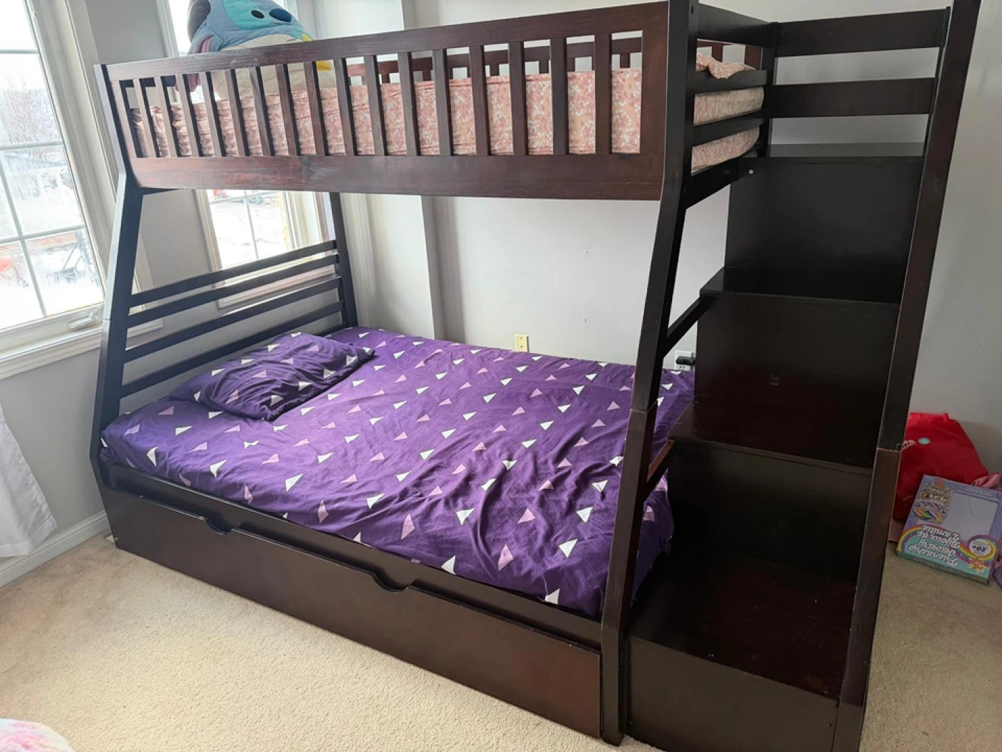 Dark Brown Twin Over Twin Bunk Bed with Storage Stairs