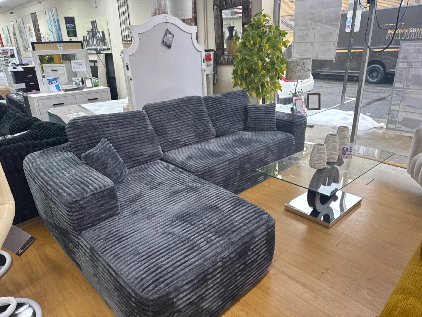 Gray Corduroy Sectional Sofa with Chaise