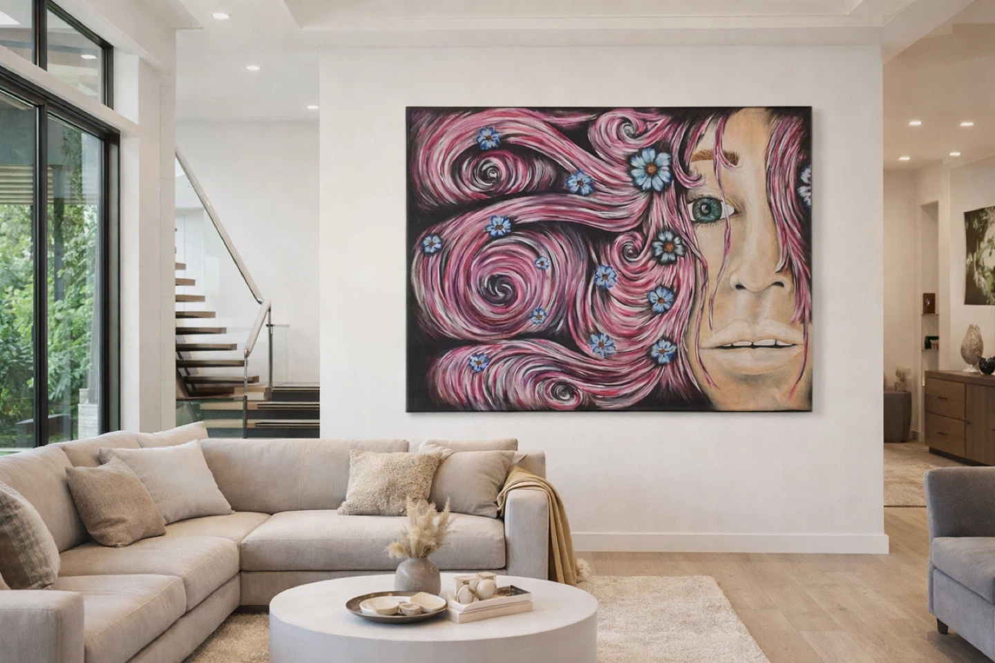 Large Canvas Painting of a Woman's Face with Pink Hair