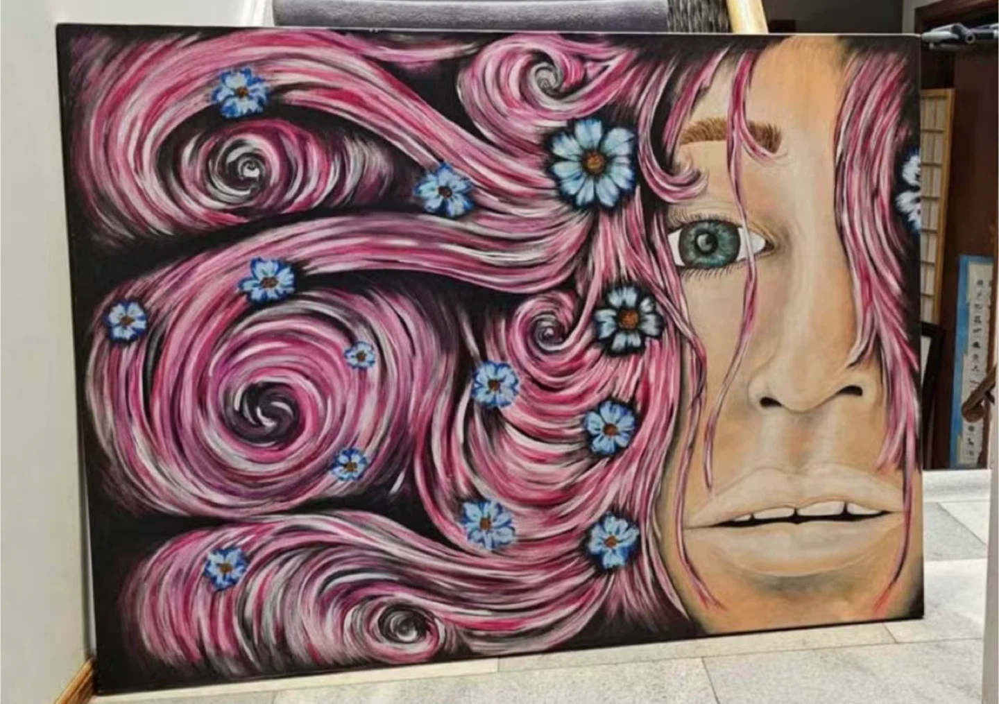 Large Canvas Painting of a Woman's Face with Pink Hair - photo 2