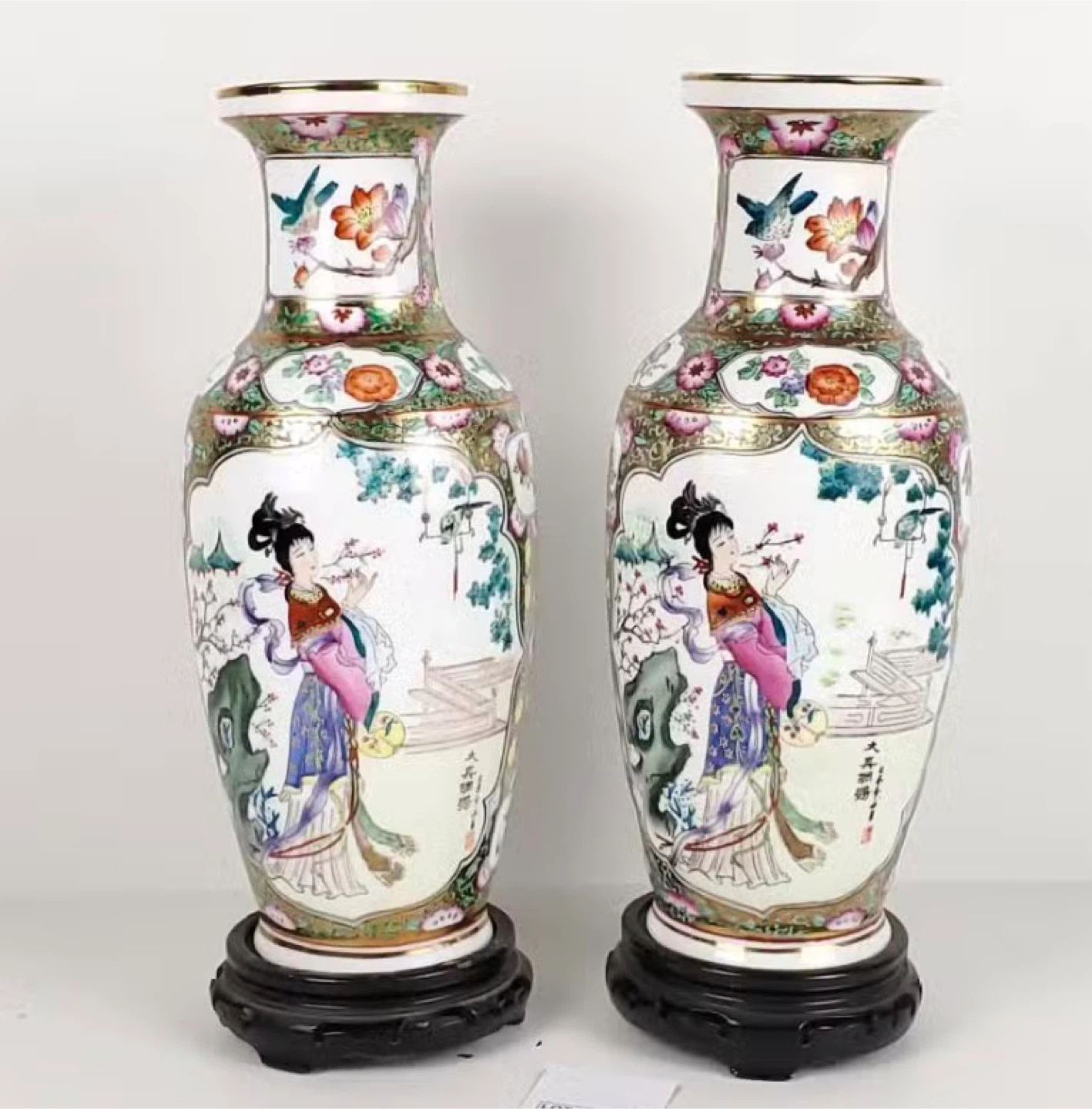 Pair of Decorative Porcelain Vases with Oriental Scene