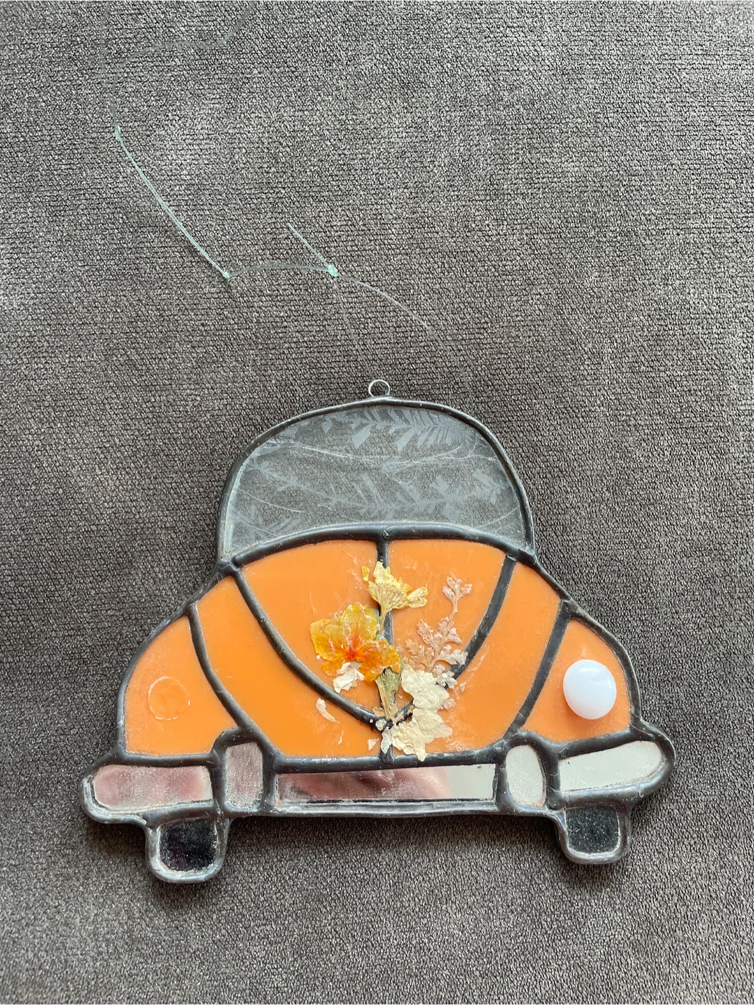 Handmade Stained Glass Car Ornament with Dried Flowers
