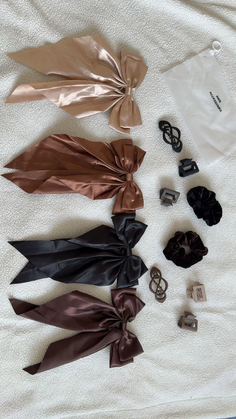 Hair Accessory Set - Satin Bows, Claw Clips, Scrunchies