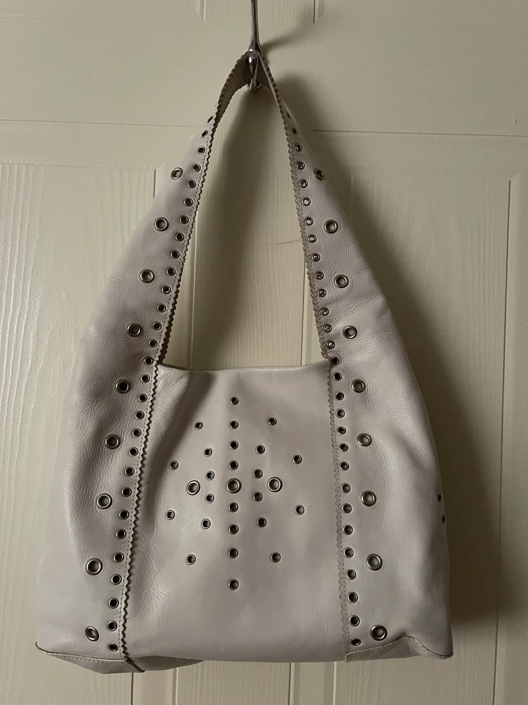 Trissino White Leather Hobo Bag with Eyelet Detail