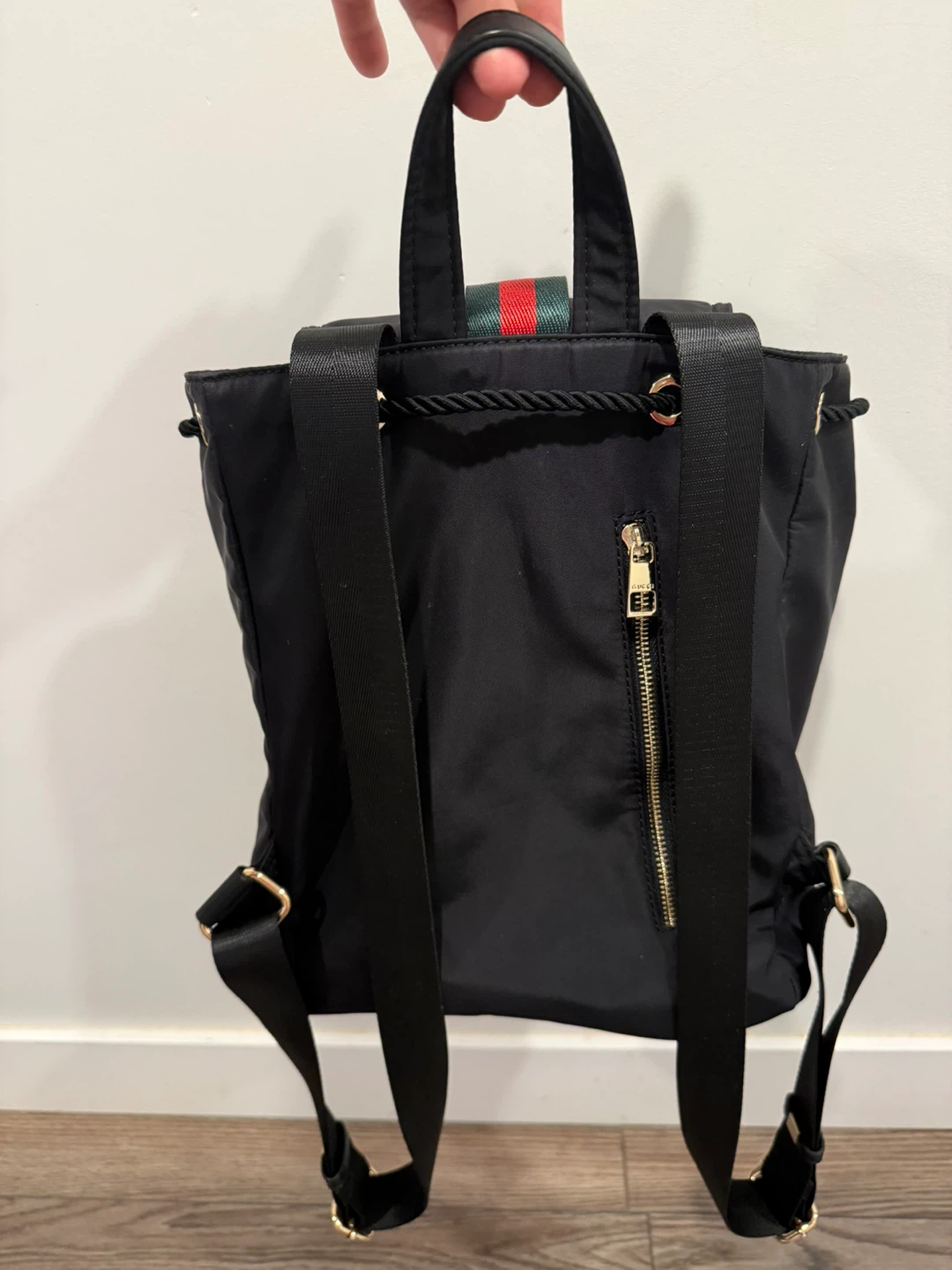 Black Nylon Backpack with Red and Green Stripe Detail - photo 2