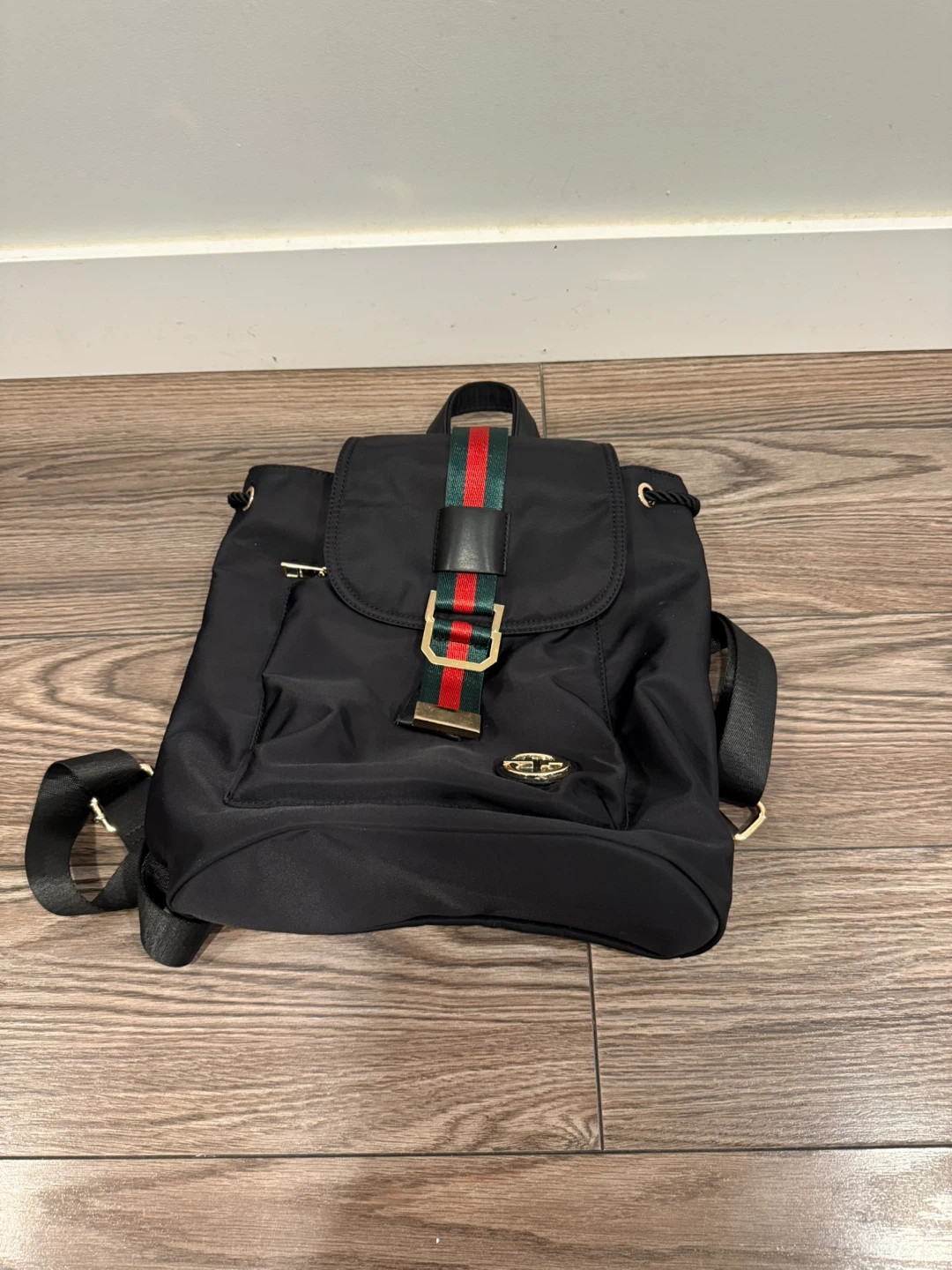 Black Nylon Backpack with Red and Green Stripe Detail