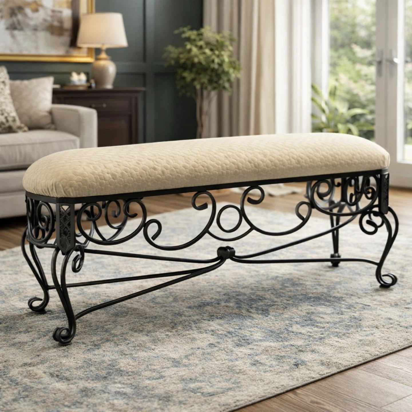Cream Upholstered Bench with Scroll Metal Base