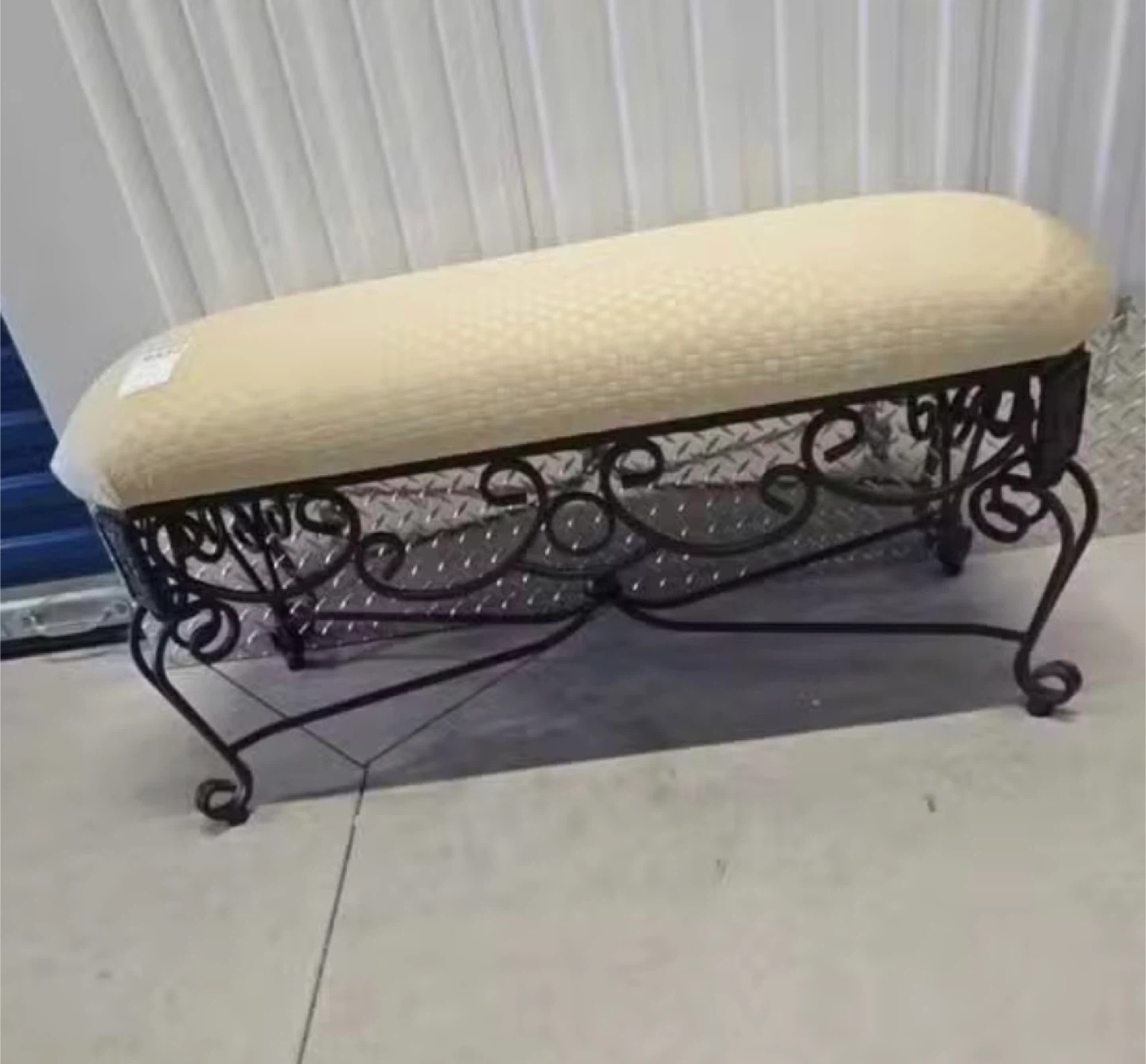Cream Upholstered Bench with Scroll Metal Base - photo 2