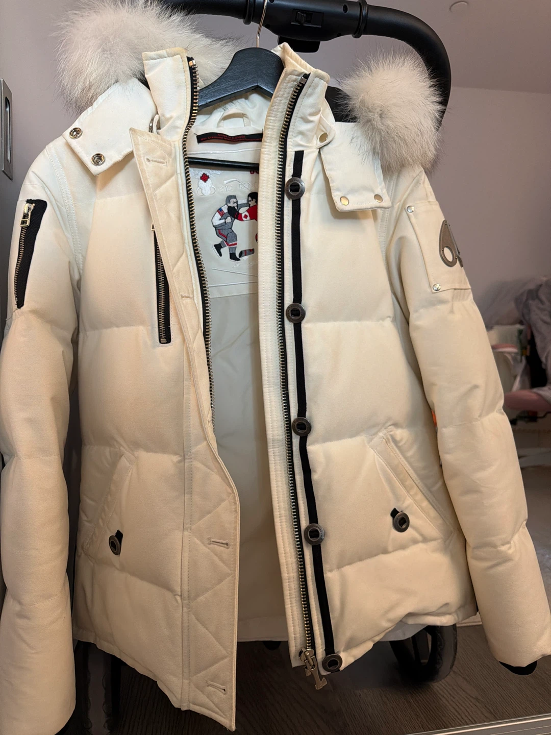 Moose Knuckles Cream Down Puffer Jacket with Hockey Embroidery