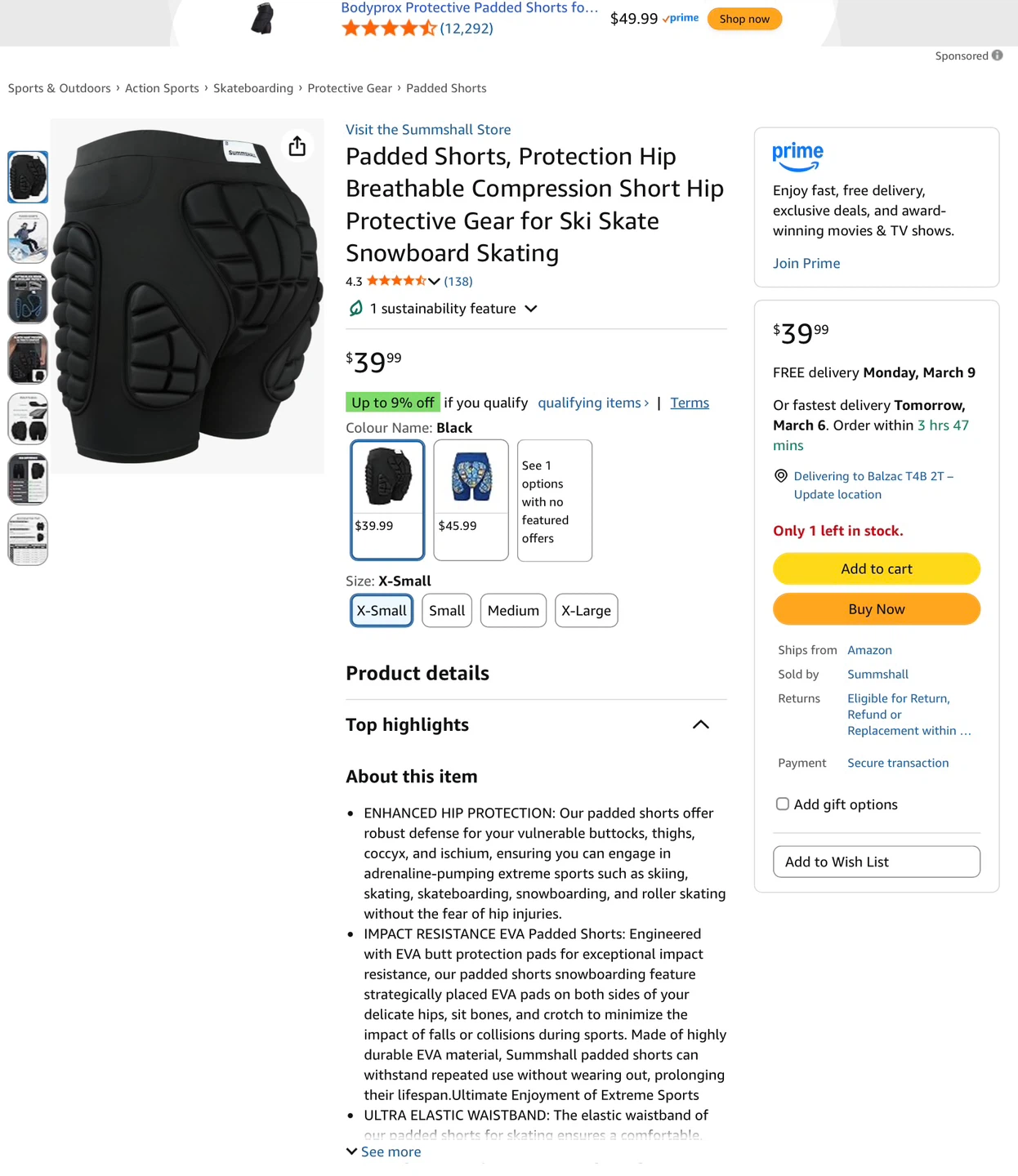 NWT Padded Protective Shorts - Black XS