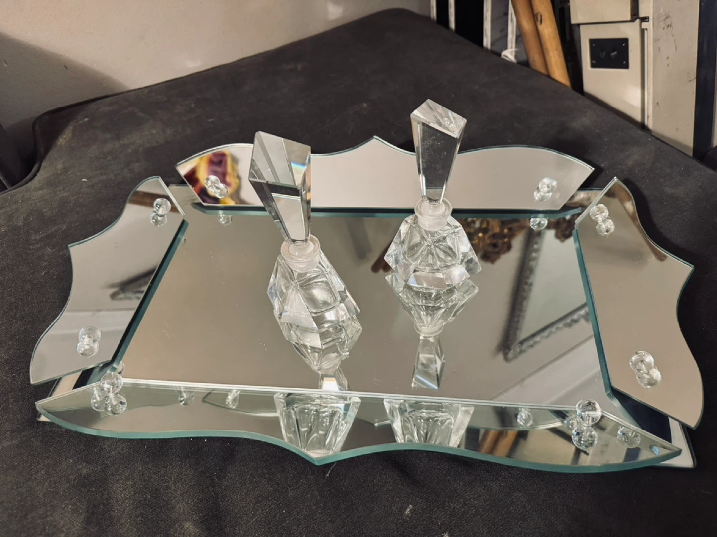 Vintage Mirrored Vanity Tray with Crystal Perfume Bottles - photo 2