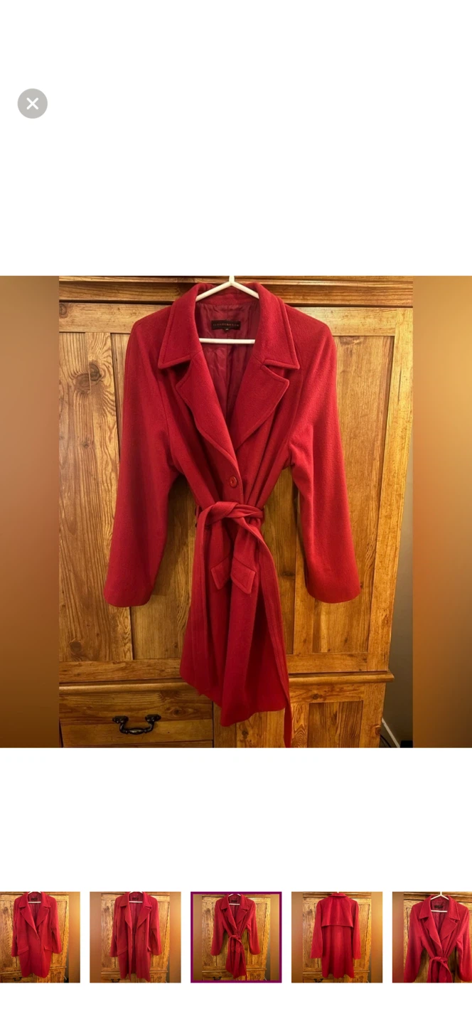 🧡 Jeanne Beker Wool Trench Coat Red w/ Belt & Pockets (Size 14) - photo 2