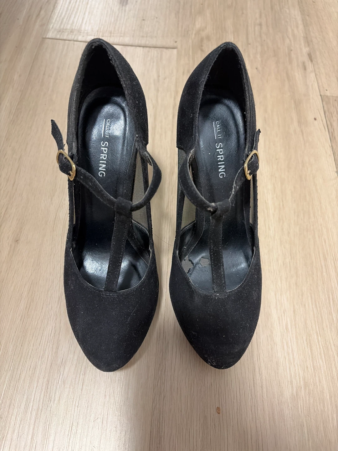 Black Suede T-Strap Heels - Size 6