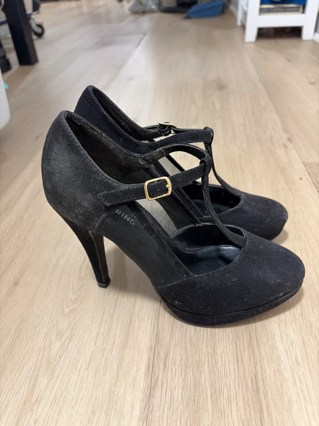 Black Suede T-Strap Heels - Size 6 - photo 2