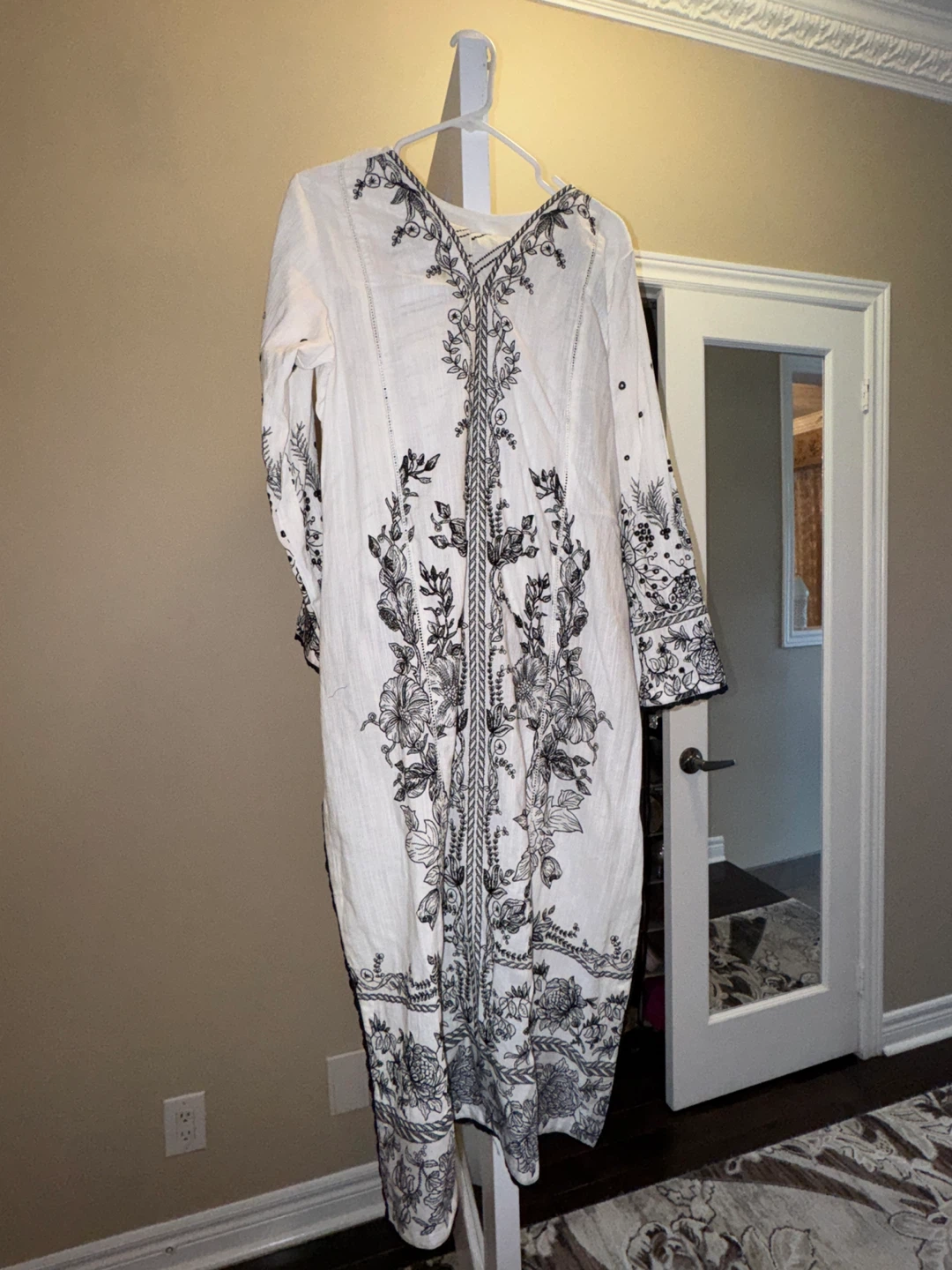 3pc White Linen  shirt trouser with Black Floral Embroidery