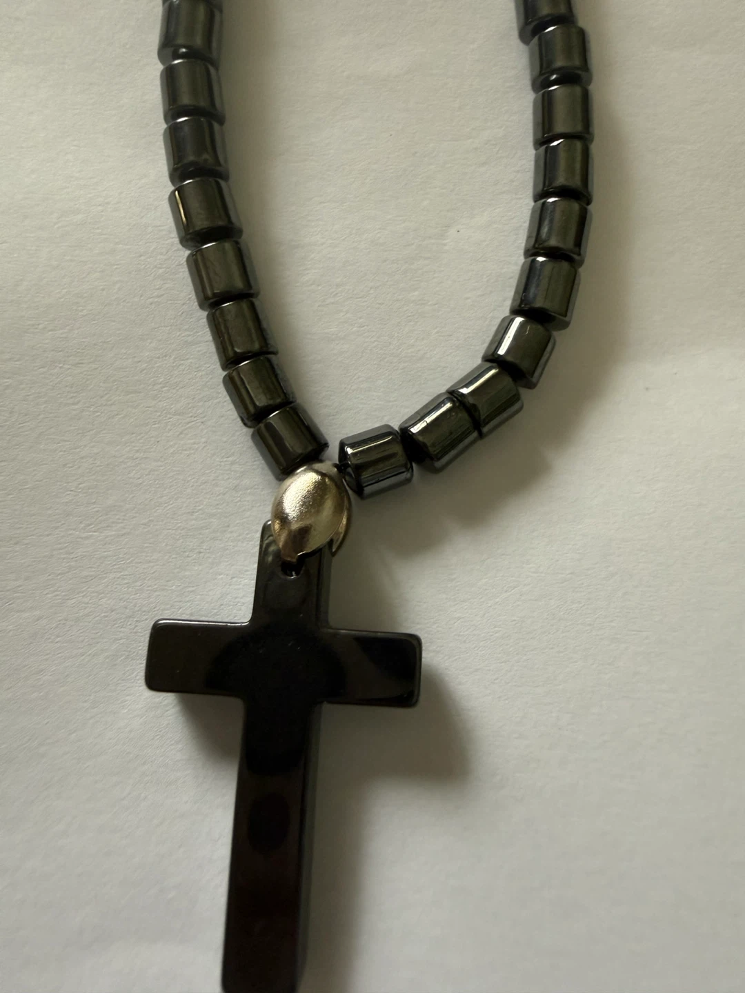 Hematite Bead Necklace with Cross Pendant