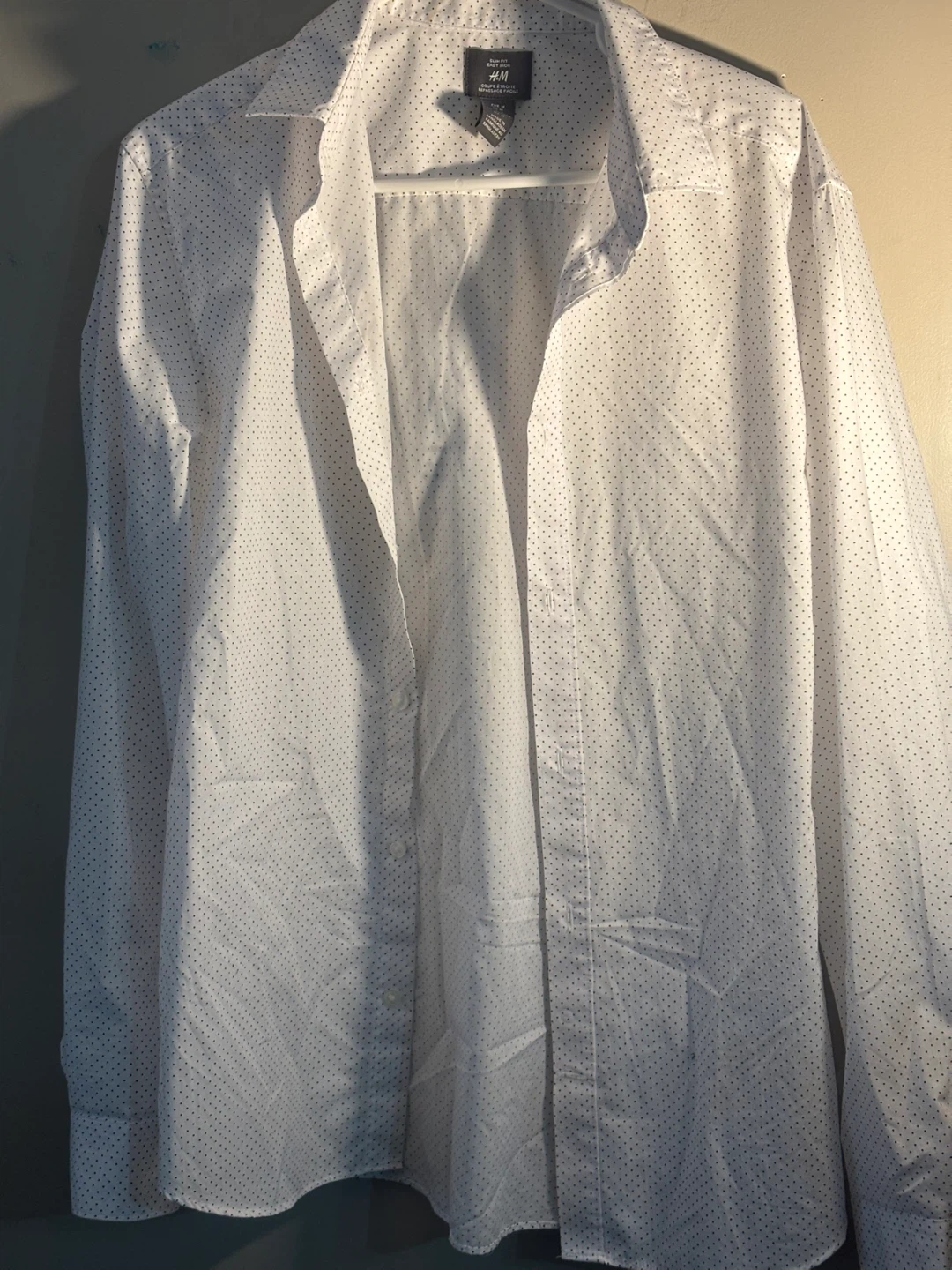 H&M Men's Slim Fit Dress Shirt - White with Black Dots - Medium