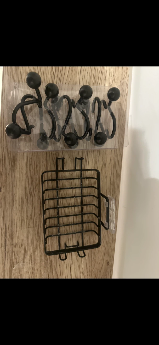 Black Shower Caddy and Shower Curtain Hooks