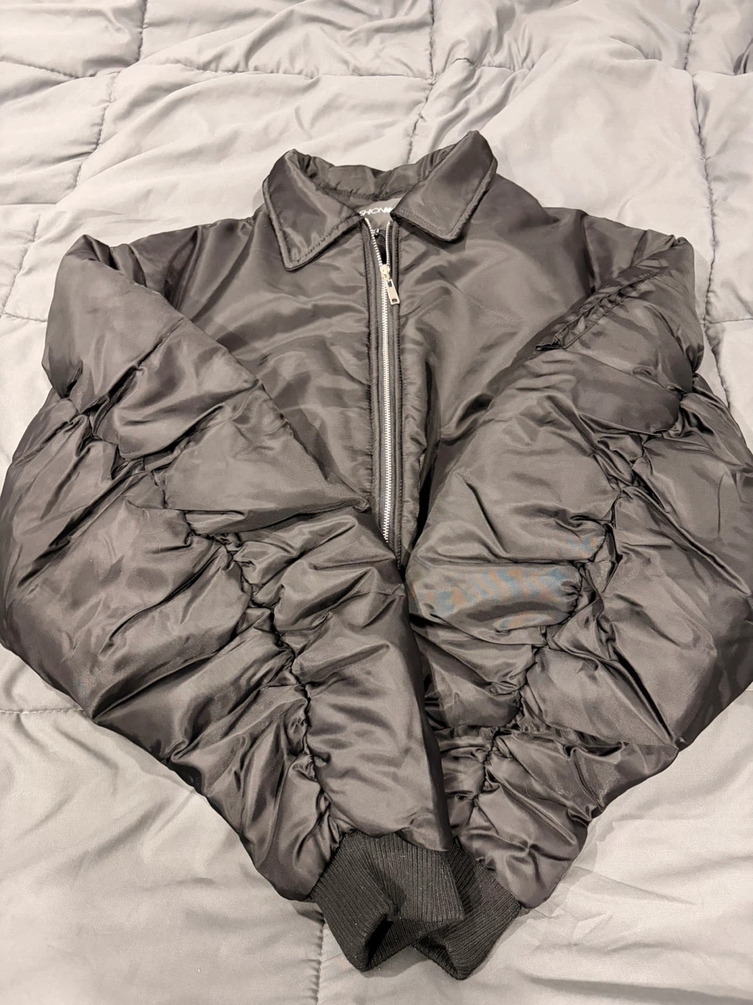 Black Cropped Bomber Jacket with Ruched Sleeves - photo 4