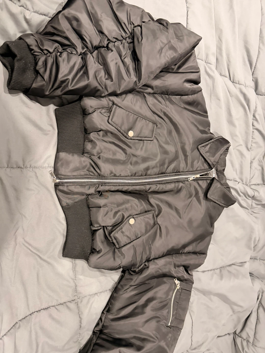 Black Cropped Bomber Jacket with Ruched Sleeves - photo 5