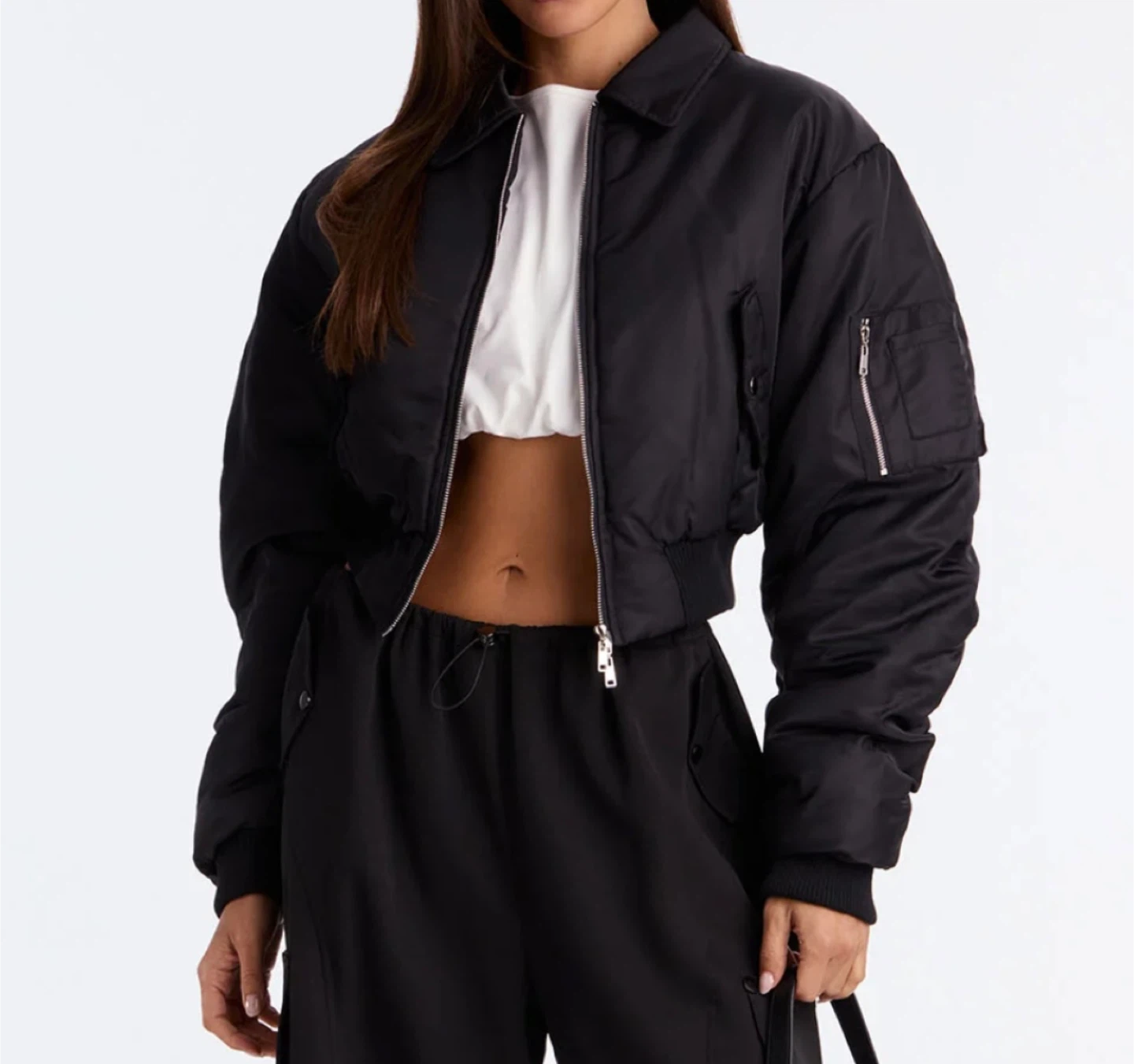 Black Cropped Bomber Jacket with Ruched Sleeves