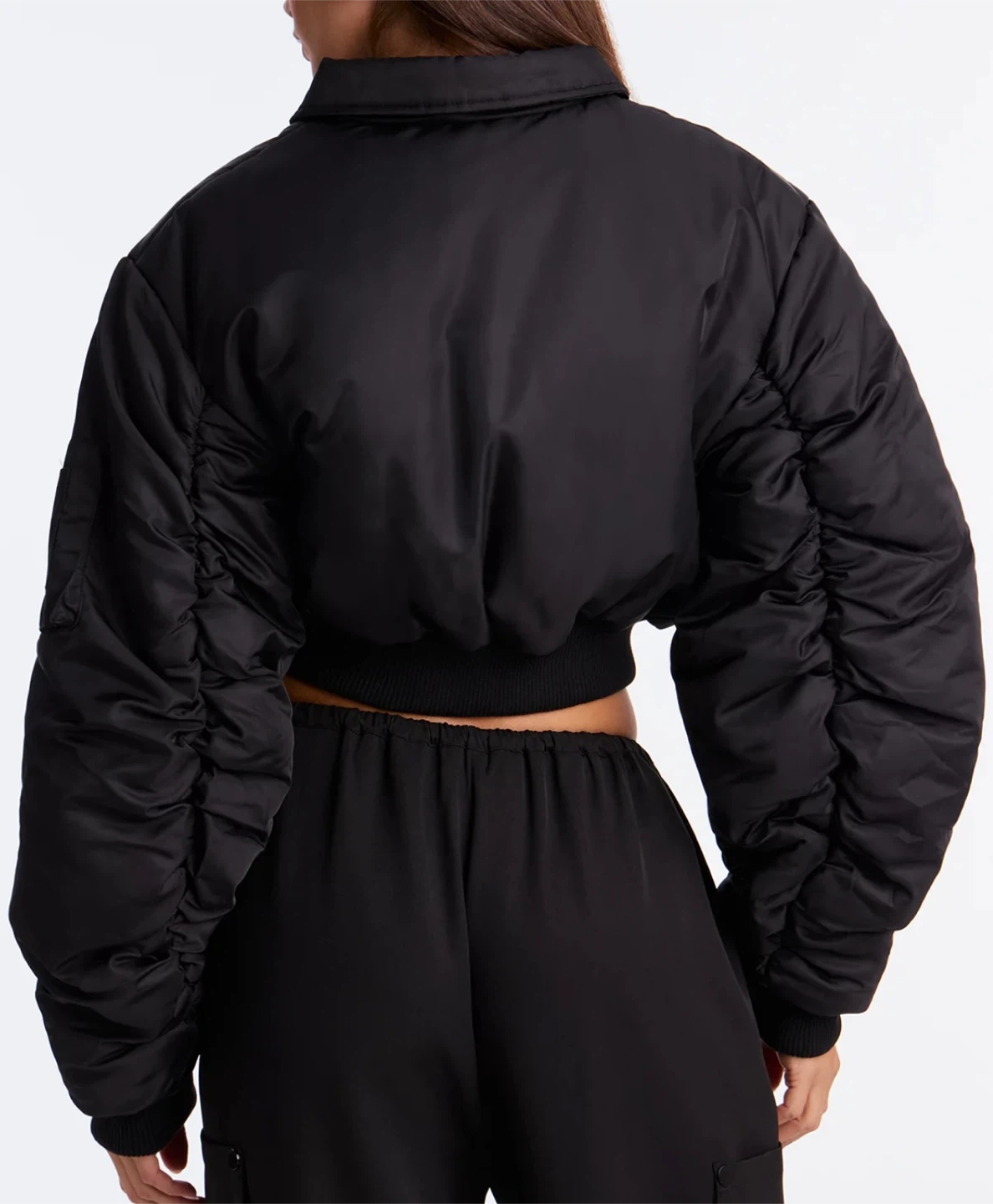 Black Cropped Bomber Jacket with Ruched Sleeves - photo 2
