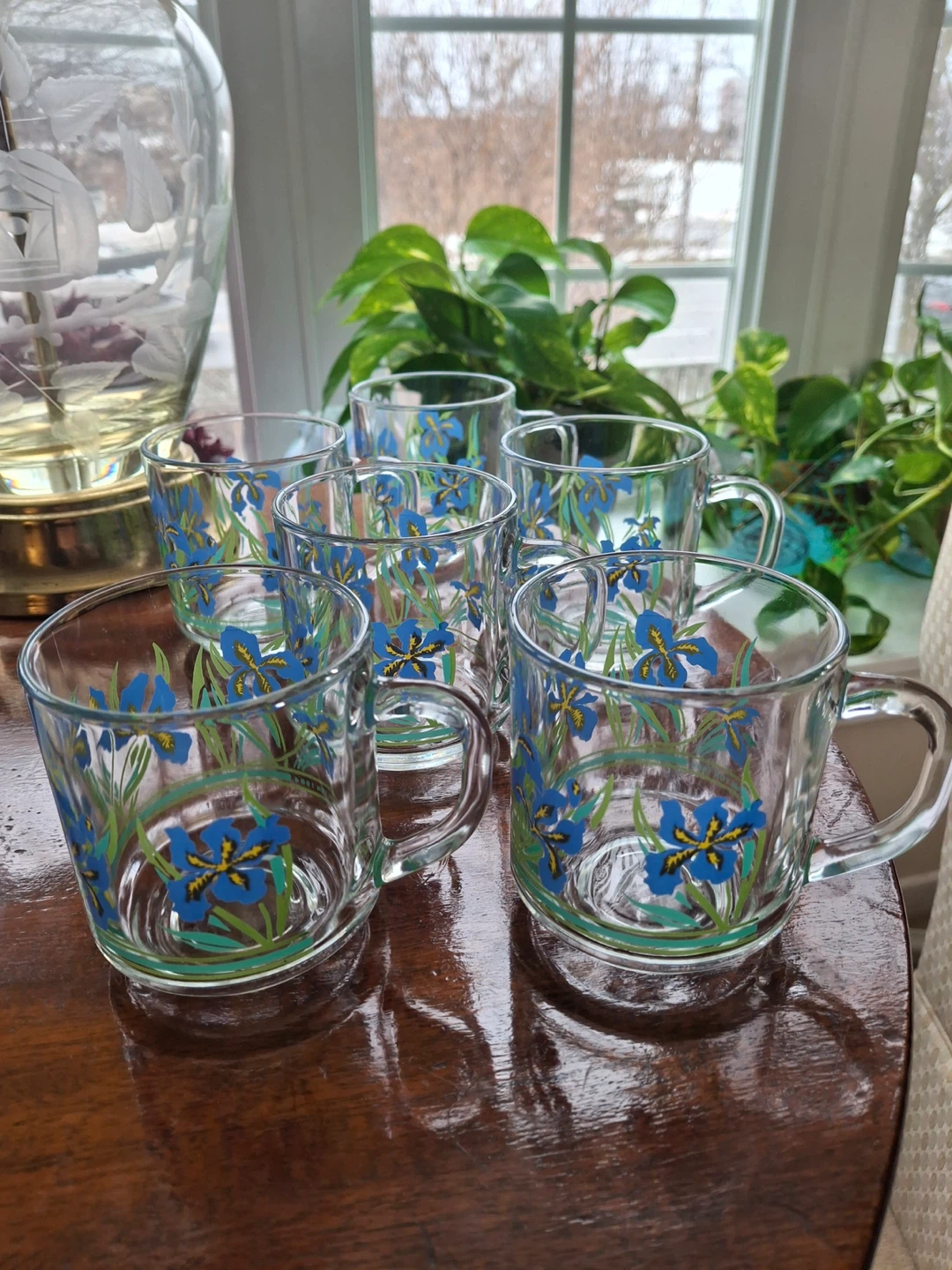 Set of 6 vintage Luminarc glass blue iris mugs