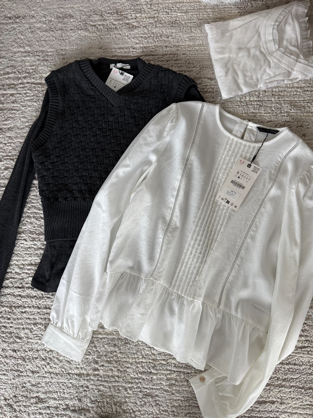 BOGO Women's White Peplum Blouse & Grey V-Neck Sweater Vest