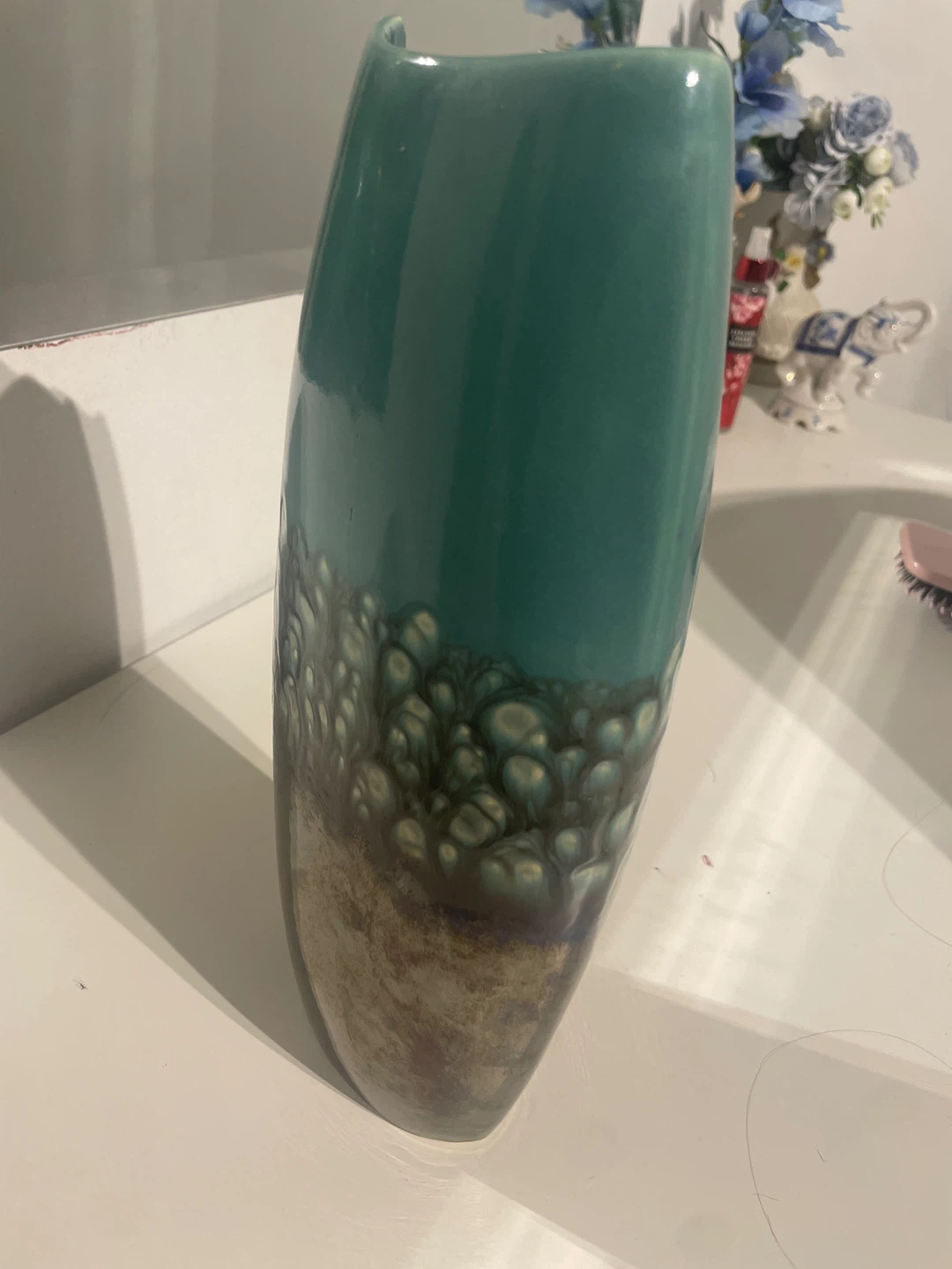 Teal Ceramic Vase with Textured Bottom