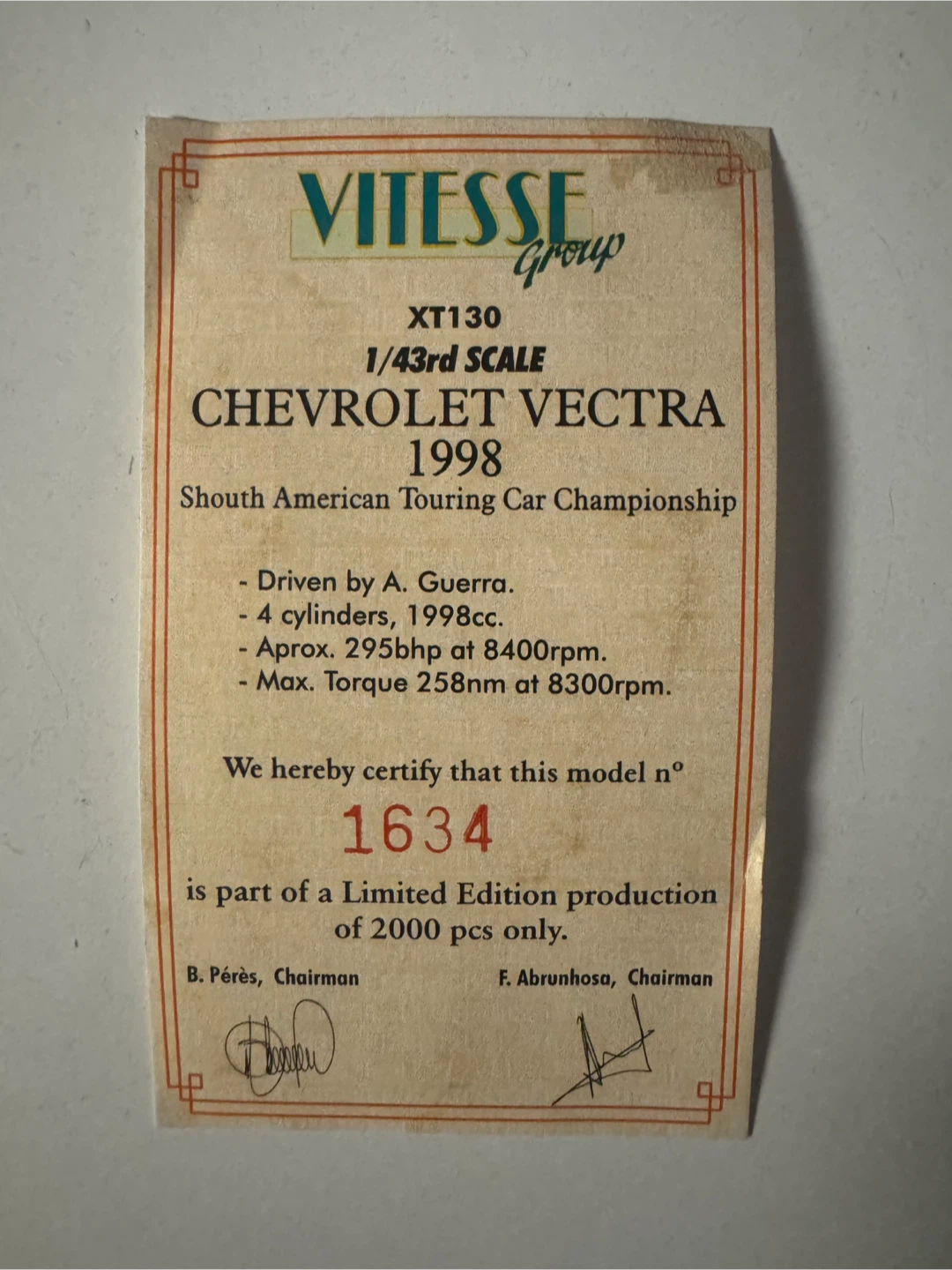 Vitesse 1/43 Chevrolet Vectra "INT" Sudam 98 A. Guerra Model Car - photo 4