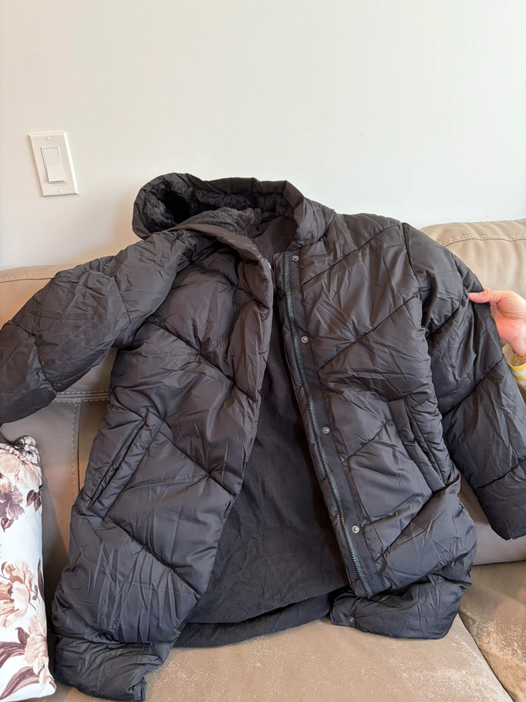 Black Quilted Puffer Jacket with Fur-Lined Hood