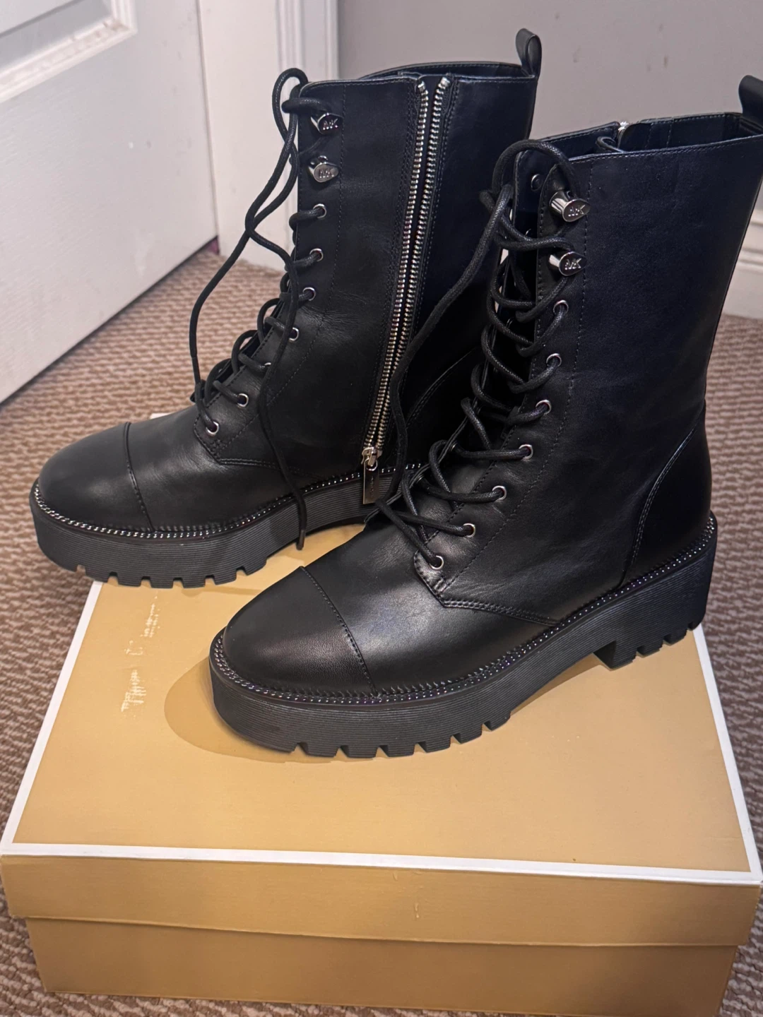 Michael Kors Black Leather Lace-Up Combat Boots - photo 2
