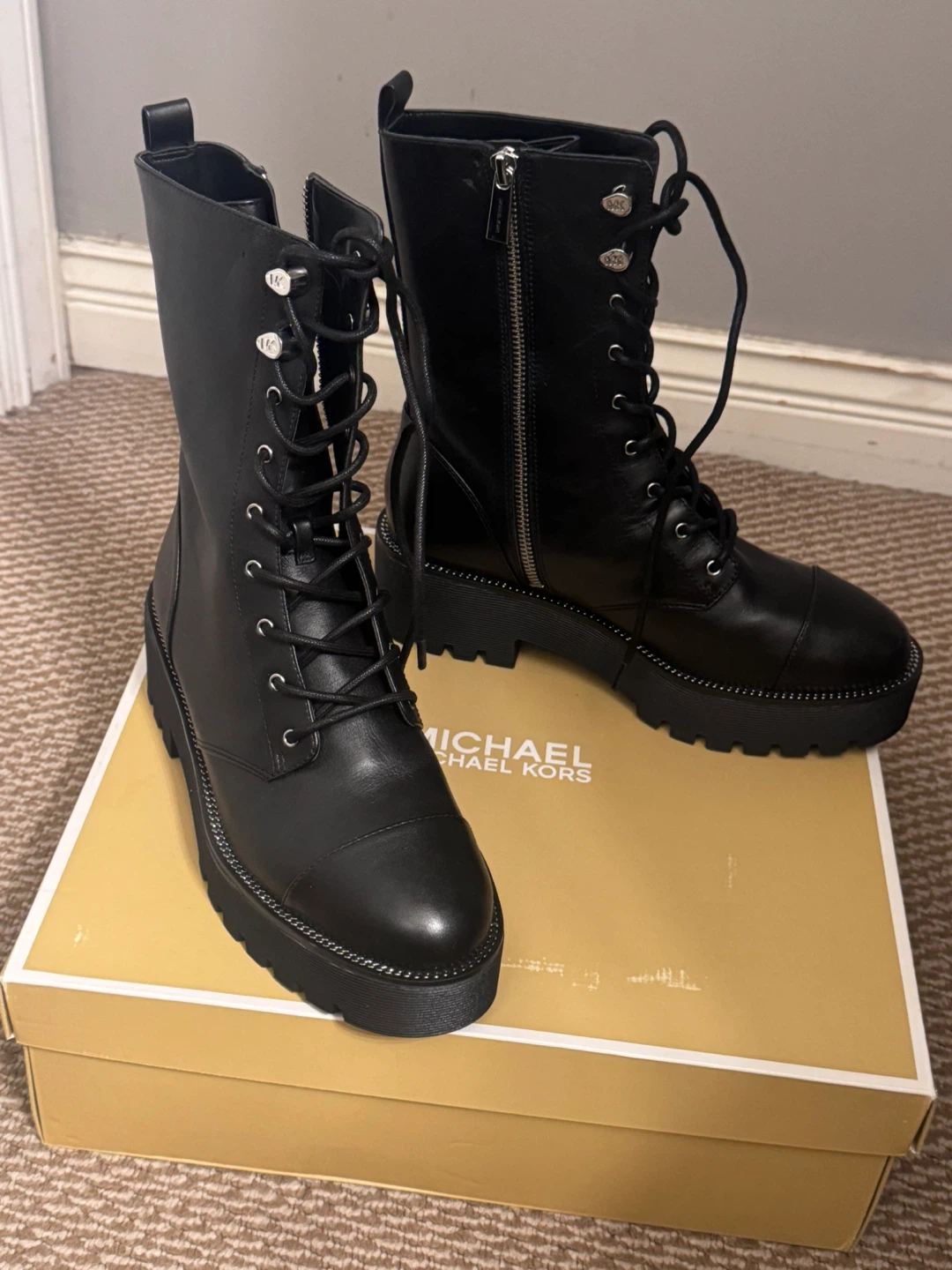 Michael Kors Black Leather Lace-Up Combat Boots