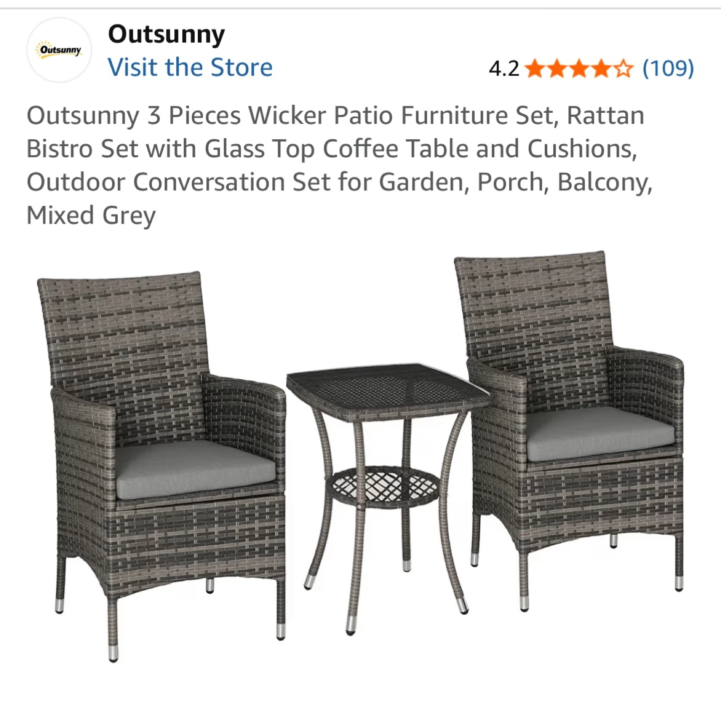 Outsunny 3-Piece Wicker Patio Furniture Set
