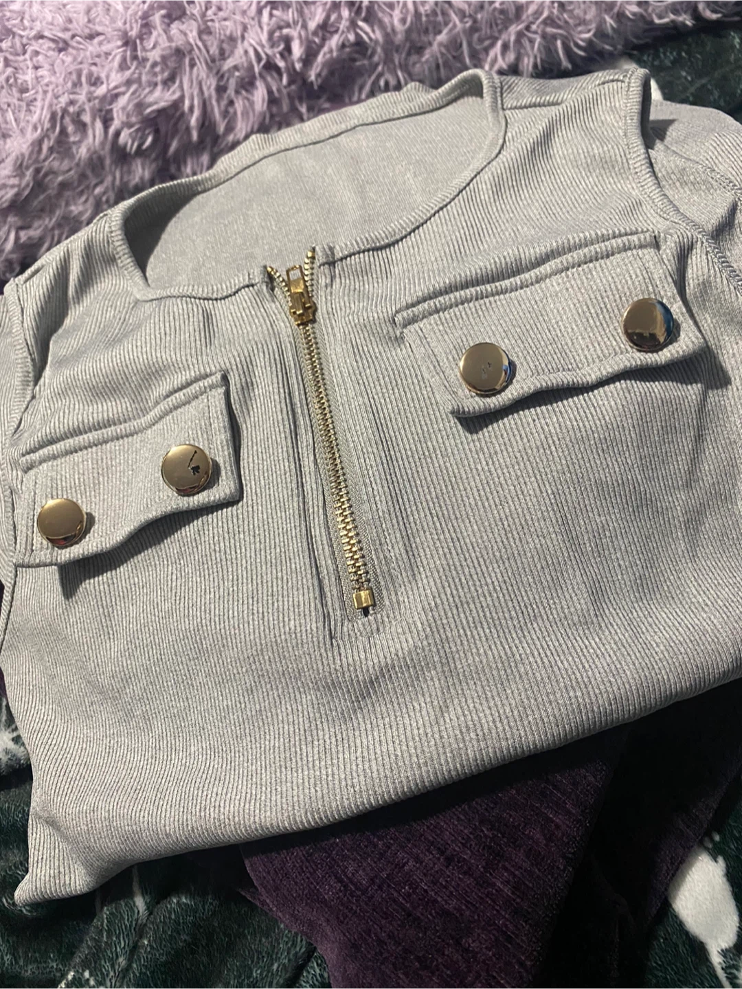 Grey Ribbed Zipper Top with Gold Buttons