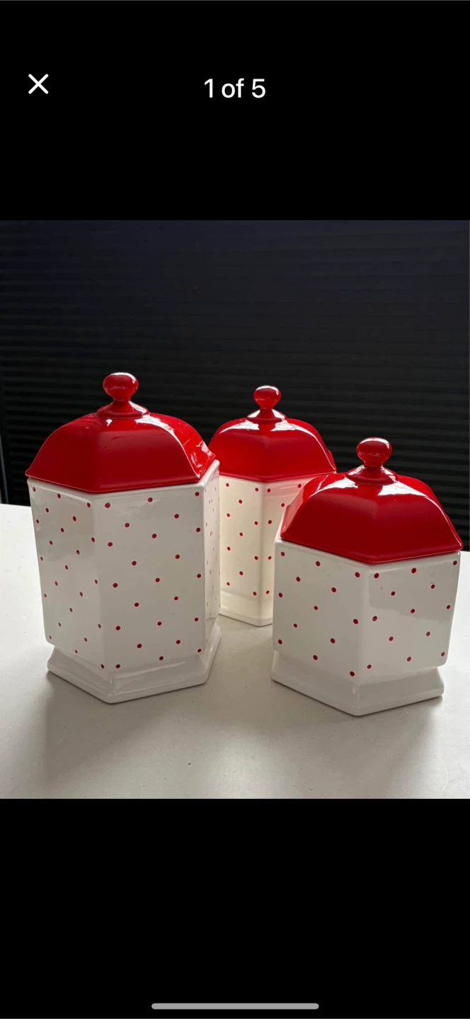 Set of 3 Hexagonal Canisters with Lids - Red and White Polka Dot
