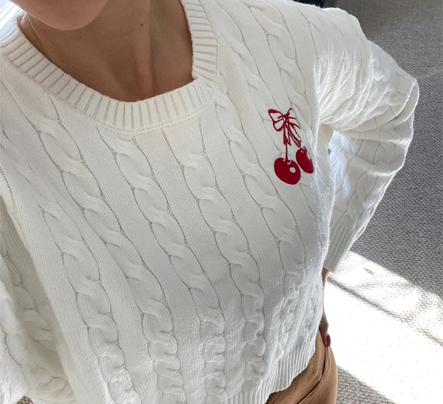Streetwear Society White Cable Knit Cherry Sweater