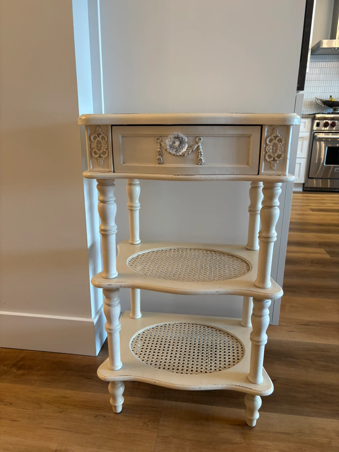 Distressed antique white table/end table/side table