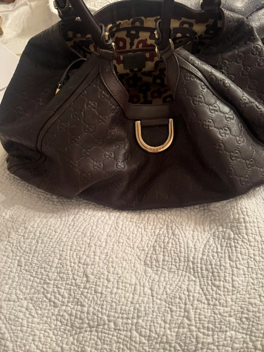 Gucci Dark Brown Leather Embossed Hobo Bag